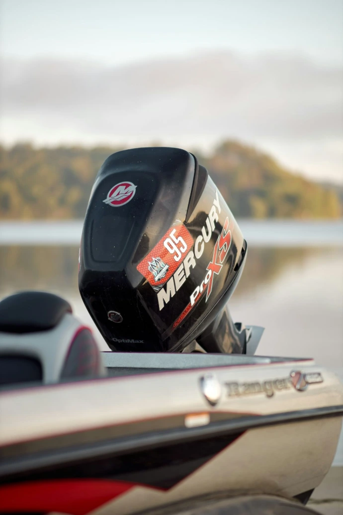 Mercury pro xs outboard motor on a fishing boat.